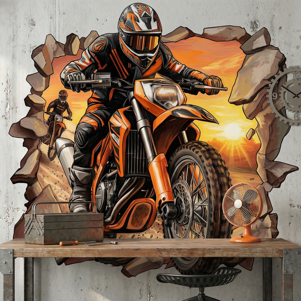 Vinilos Decorativos: Agujero de Muro Motocross Atardecer