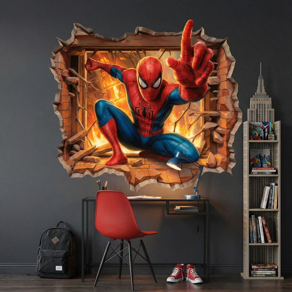 Vinilos Infantiles: Agujero de pared Spiderman Fuego