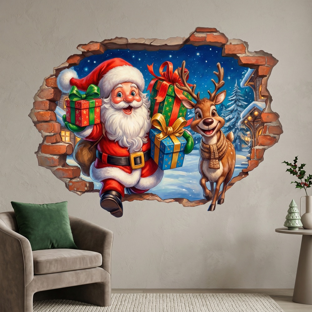 Vinilos Decorativos: Agujero de Muro Santa Claus y Reno