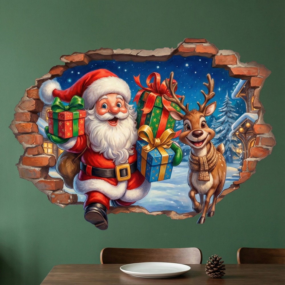 Vinilos Decorativos: Agujero de Muro Santa Claus y Reno