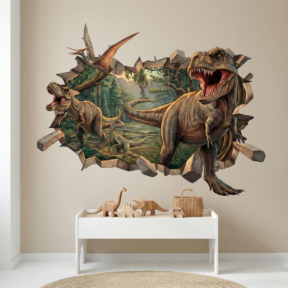 Vinilos Infantiles: Agujero de pared Dinosaurios Salvajes