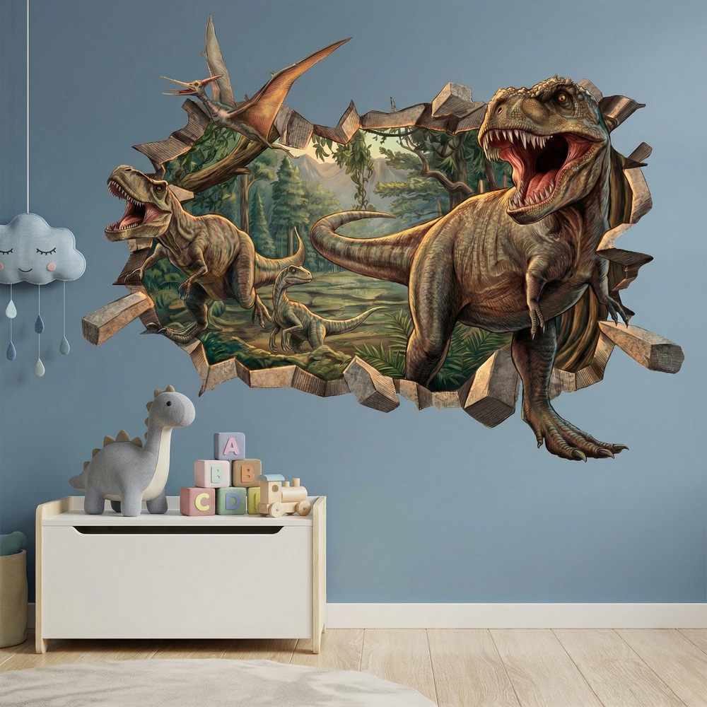 Vinilos Infantiles: Agujero de pared Dinosaurios Salvajes