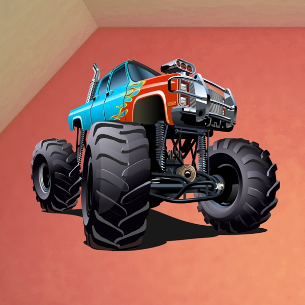 Vinilos Infantiles: Monster Truck azul con llamas rojas