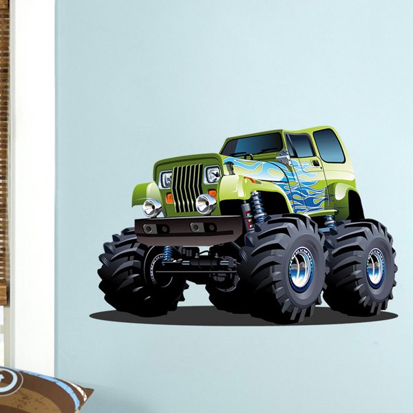 Vinilos Infantiles: Monster Truck verde con llamas azules