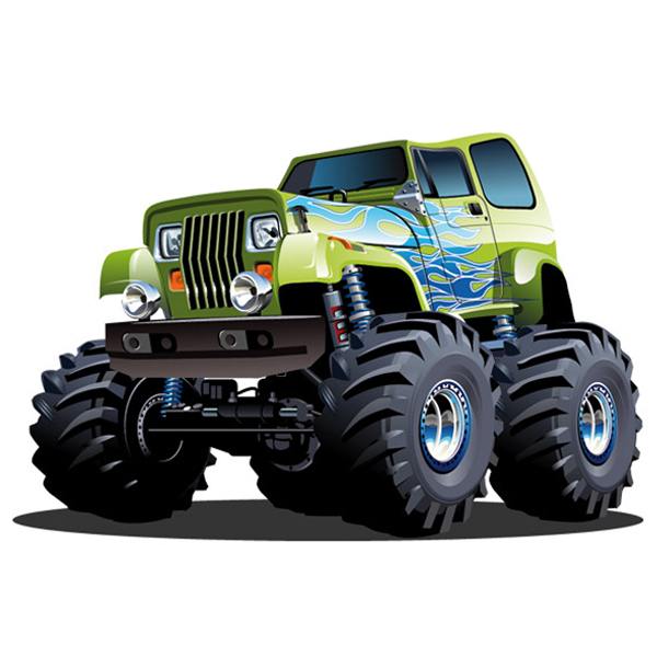 Vinilos Infantiles: Monster Truck verde con llamas azules