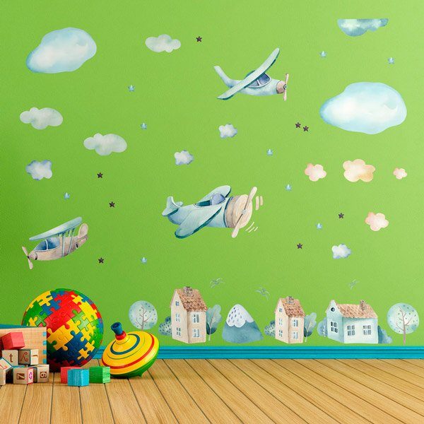 Vinilos Infantiles: Avionetas, nubes y casas