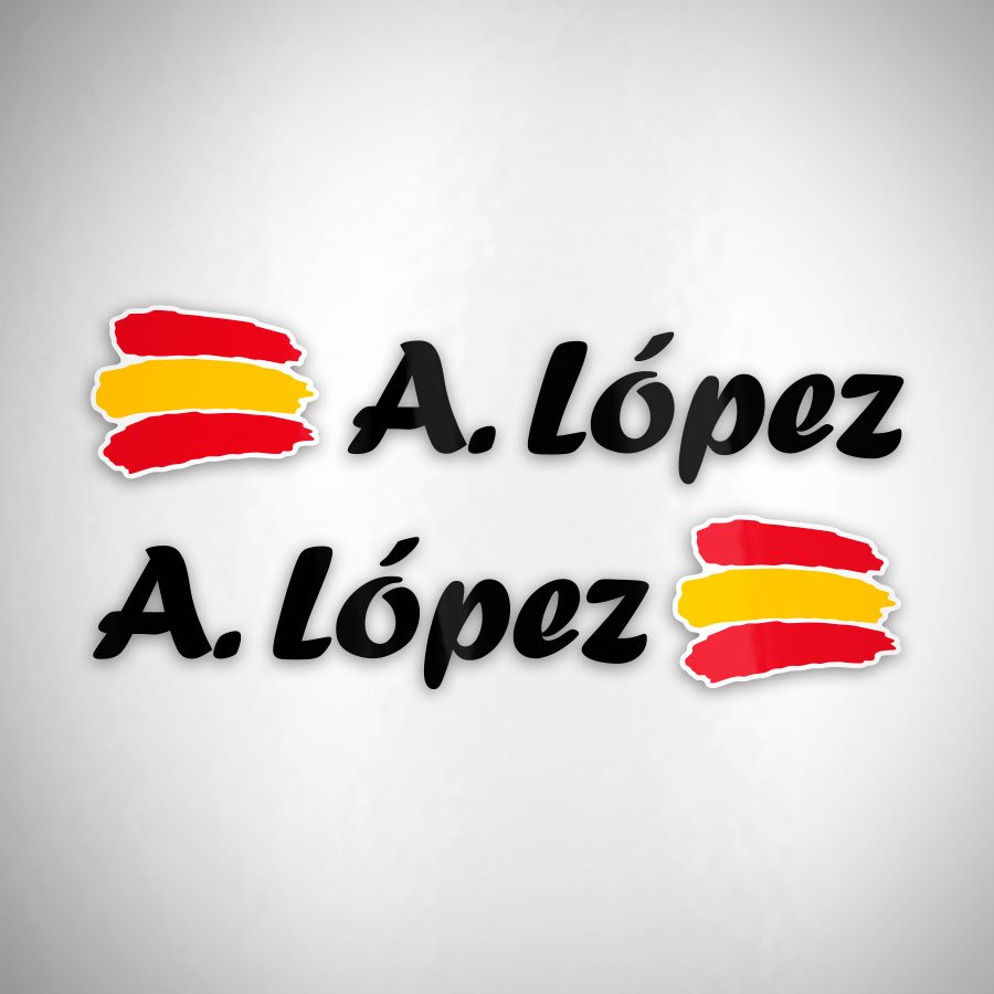 Pegatinas: 2X Banderas España + Nombre caligráfico negro