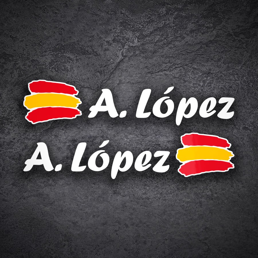 Pegatinas: 2X Banderas España + Nombre caligráfico blanco