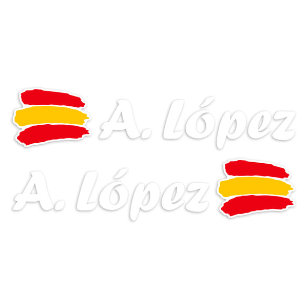 Pegatinas: 2X Banderas España + Nombre caligráfico blanco