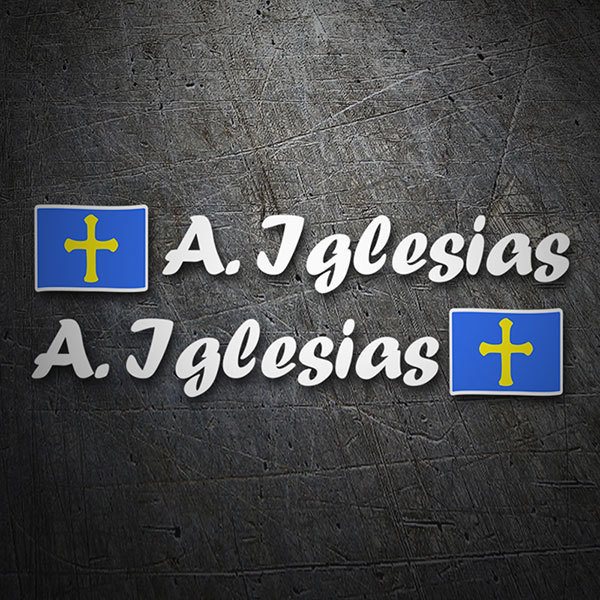 Pegatinas: 2X Banderas Asturias + Nombre caligráfico blanco