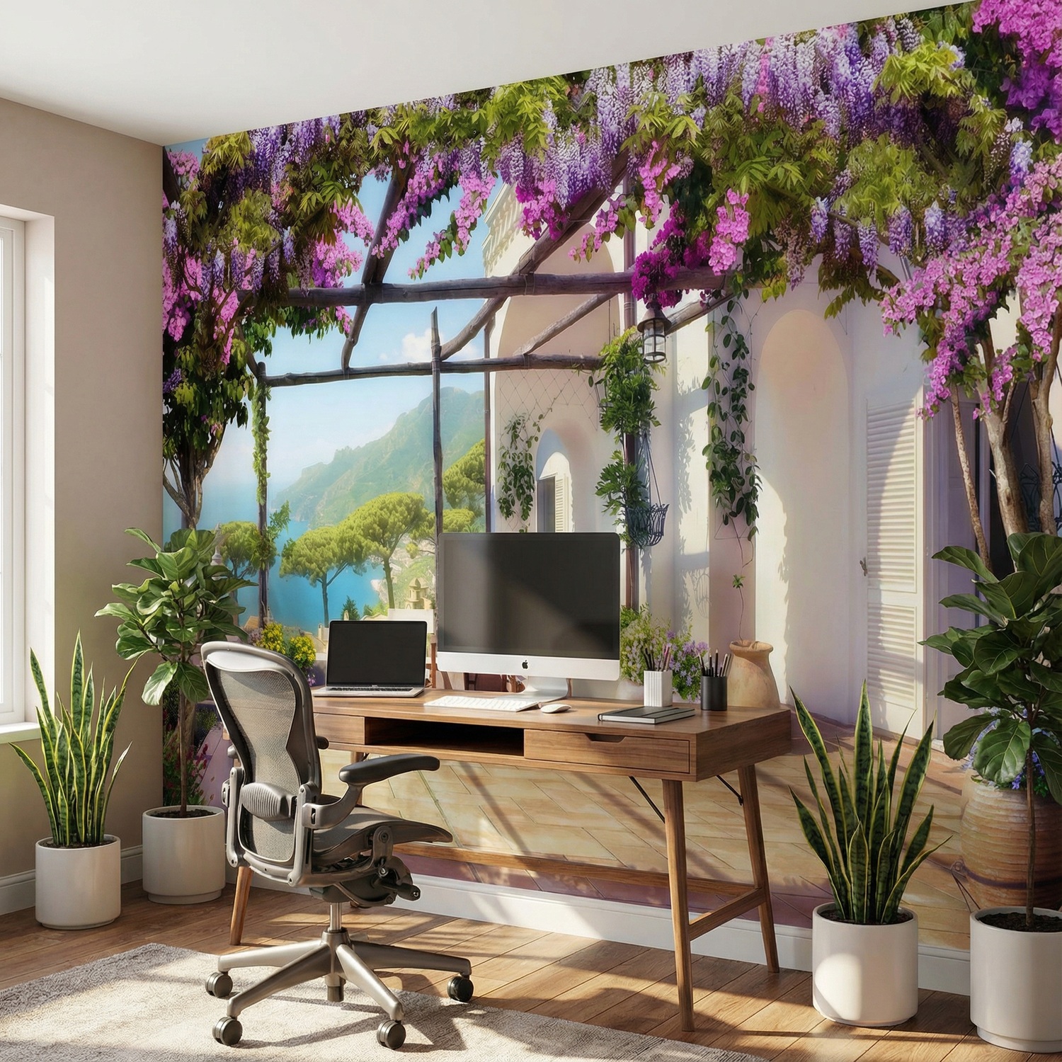 Fotomurales: Terraza mediterr&aacute;nea frente al mar