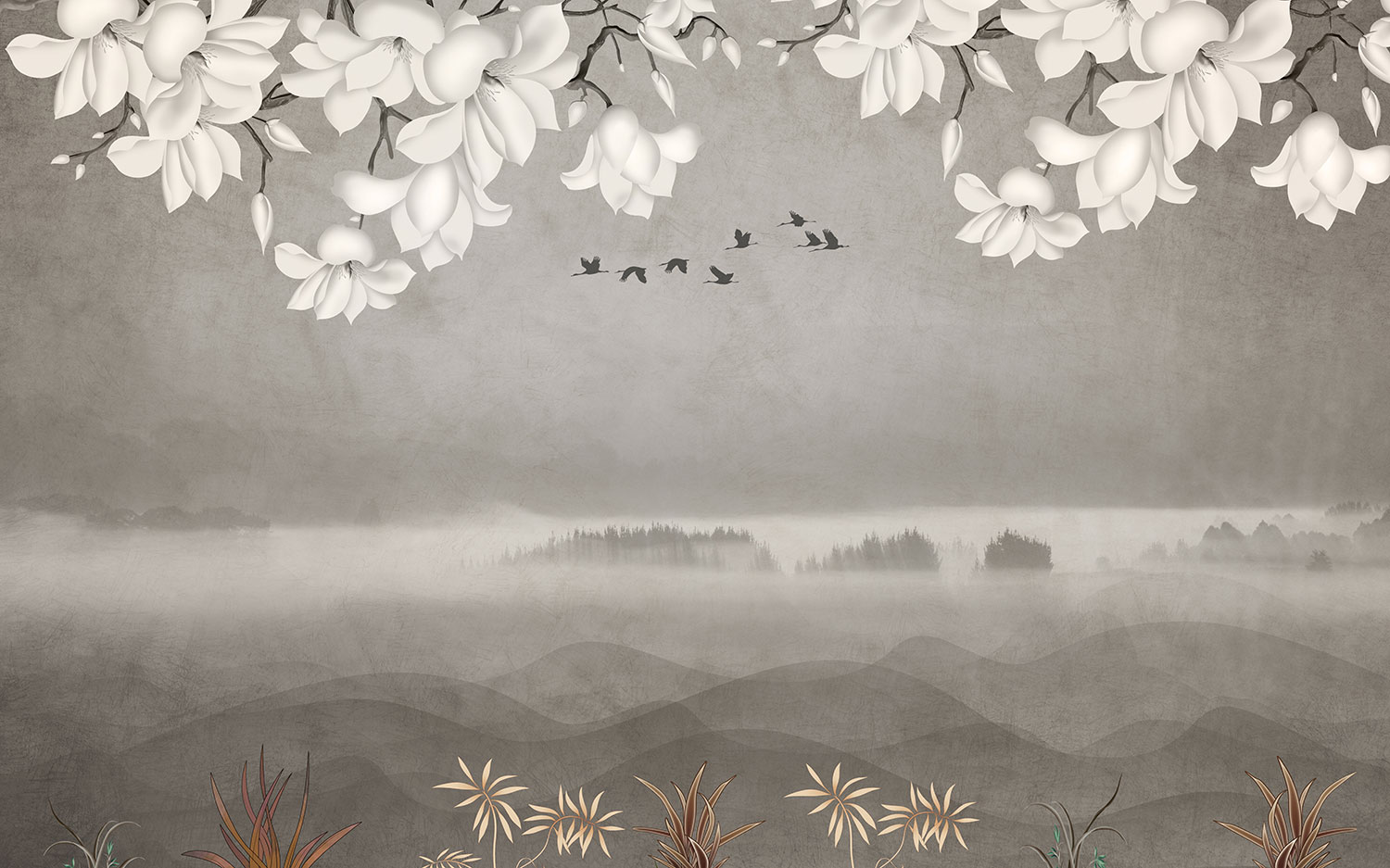 Fotomurales: Paisaje con Flores Blancas