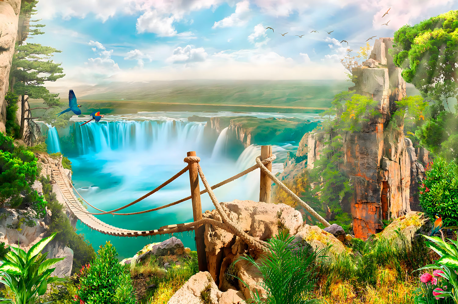 Fotomurales: Puente sobre cascadas