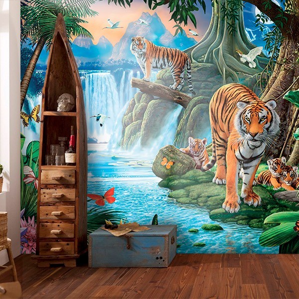 Fotomurales: Tigres en una cascada 0