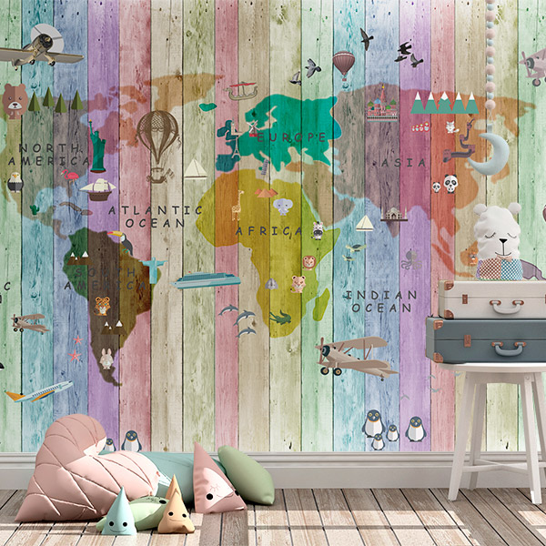 Fotomurales: Mapamundi infantil tarimas de colores