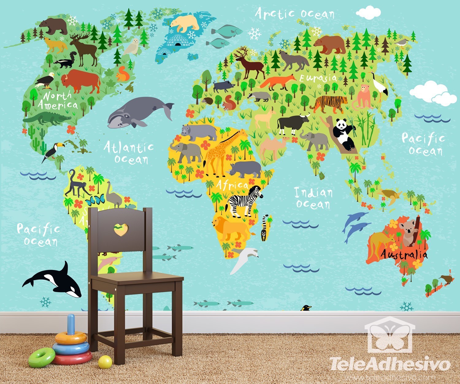 Fotomurales: Mapamundi infantil continentes y animales