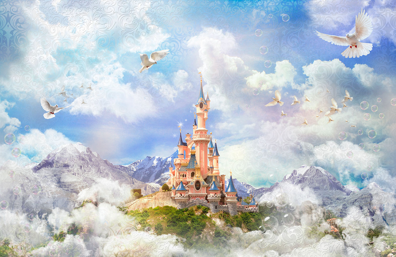 Fotomurales: Castillo Disney entre niebla y monta&ntilde;as