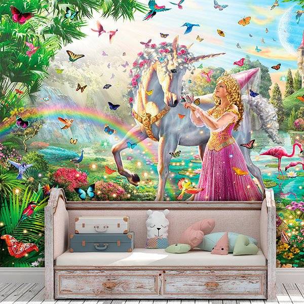 Fotomurales: Princesa y unicornio en jardín mágico