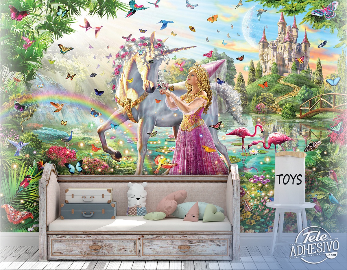 Fotomurales: Princesa y unicornio en jardín mágico