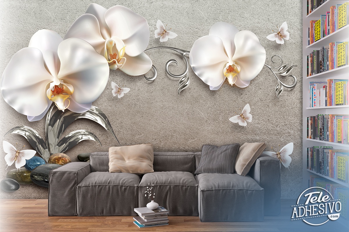 Fotomurales: Orquídeas blancas y mariposas