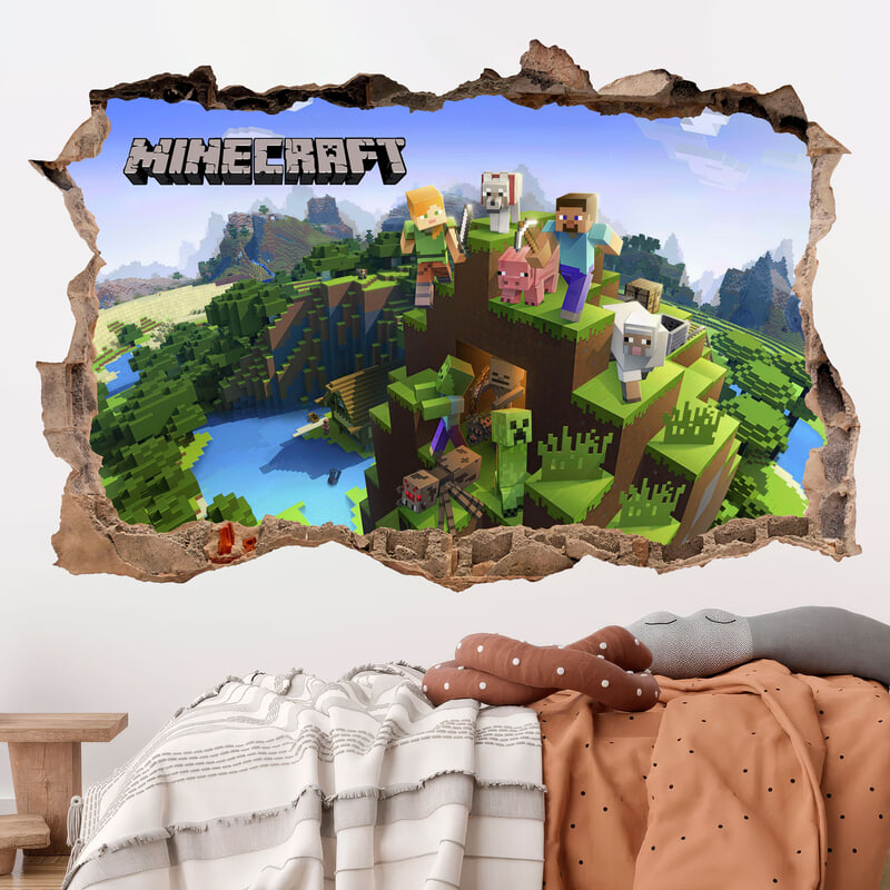 Vinilos Decorativos: Minecraft Agujero de Pared Montaña y Personajes