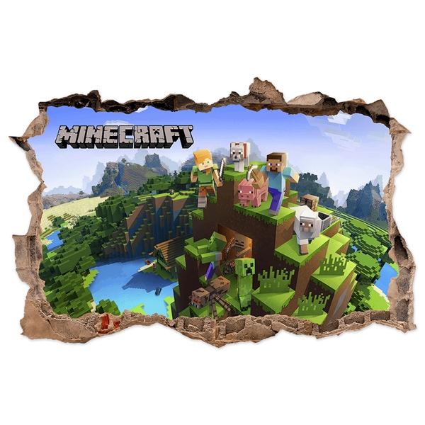 Vinilos Decorativos: Minecraft Agujero de Pared Montaña y Personajes