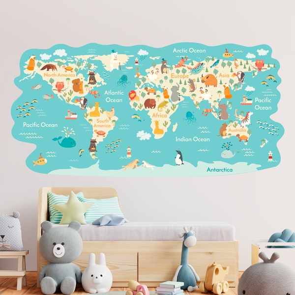 Vinilos Infantiles: Mapamundi Animales por el mundo