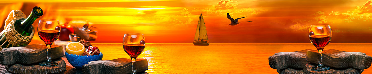 Fotomurales: Atardecer en la playa y vino