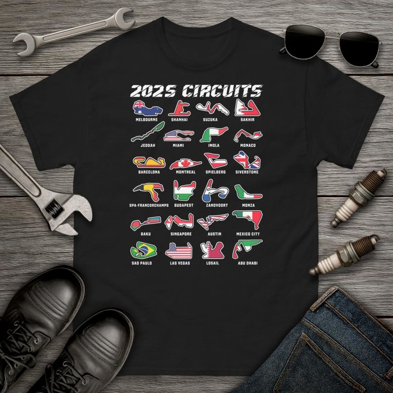 Camisetas: Grandes Premios de F1 2025 con Circuitos y Bandera