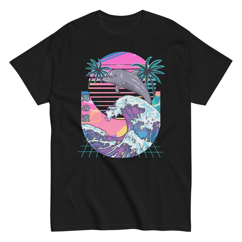 Camisetas: Camiseta Delfín Saltando Gran Ola Estilo Aesthetic