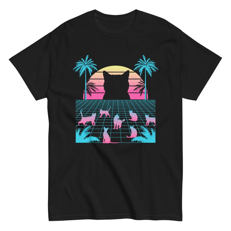 Camisetas: Camiseta Vaporwave con Gatos y Palmeras