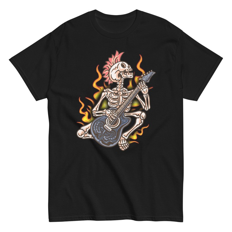 Camisetas: Esqueleto Punk Guitarrista en Llamas