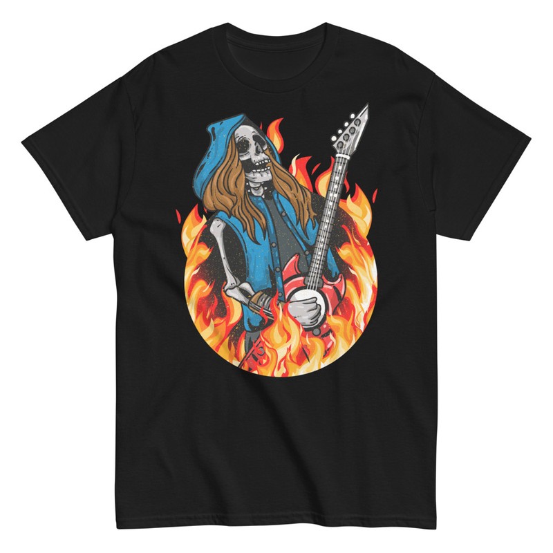 Camisetas: Esqueleto Rockero Guitarrista en Llamas