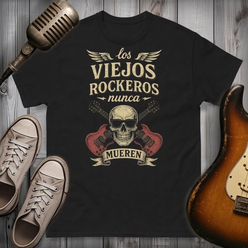 Camisetas: Rockeros Nunca Mueren Cráneo Guitarras
