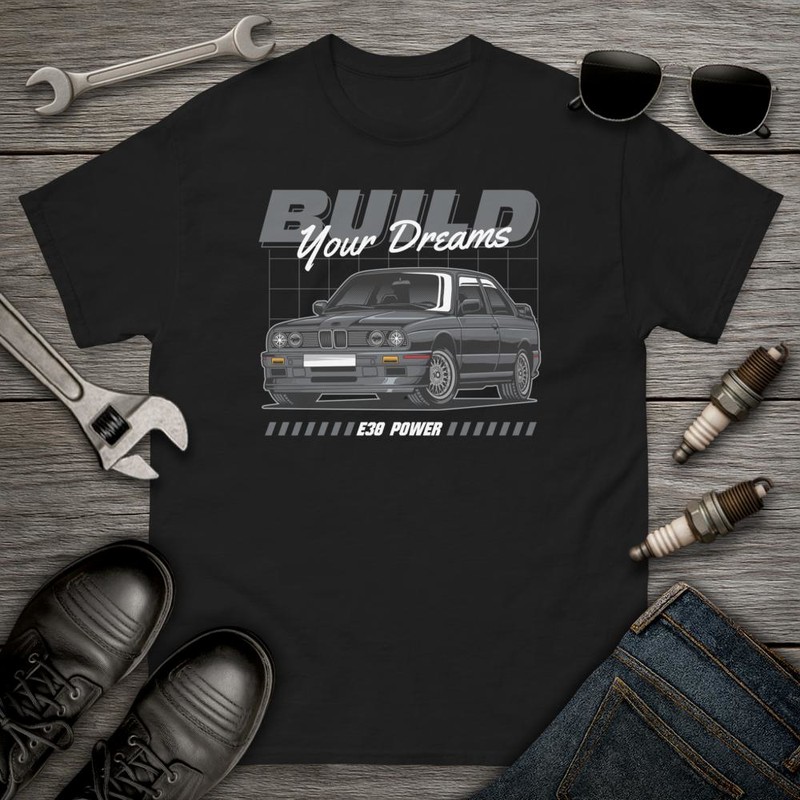 Camisetas: Coche Cl&aacute;sico BMW E30 con Texto BUILD Your Dreams 
