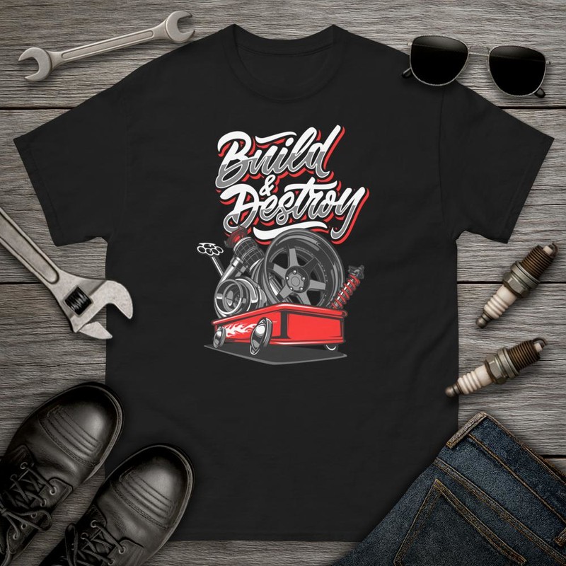 Camisetas: Coche de Carreras Rojo con Texto Build & Destroy