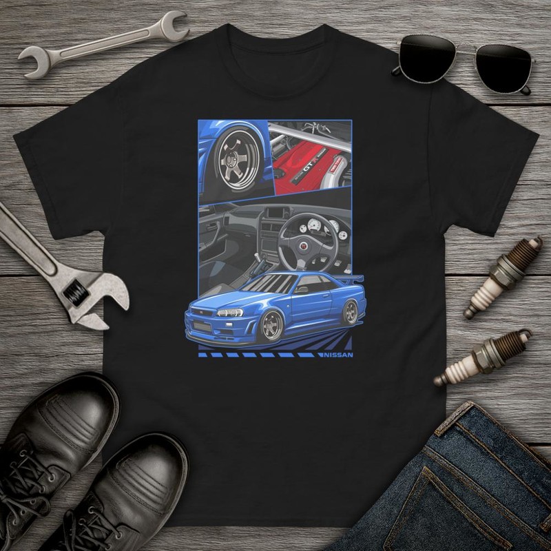 Camisetas: Coche Deportivo Azul Nissan Skyline