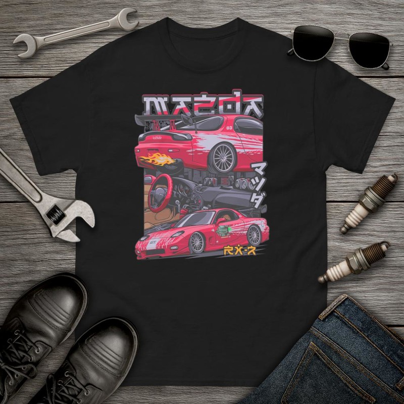 Camisetas: Mazda RX-7 Fast and Furious con Detalles de Motor