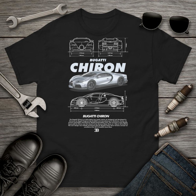 Camisetas: Ilustraci&oacute;n T&eacute;cnica del Bugatti Chiron con Texto D