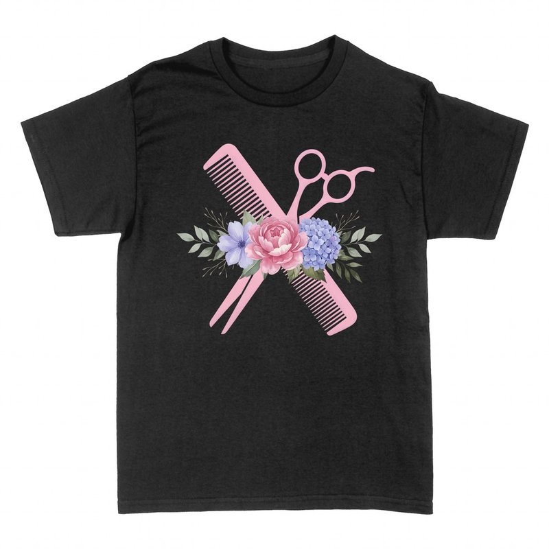 Camisetas: Peine y tijeras de peluquer&iacute;a con flores