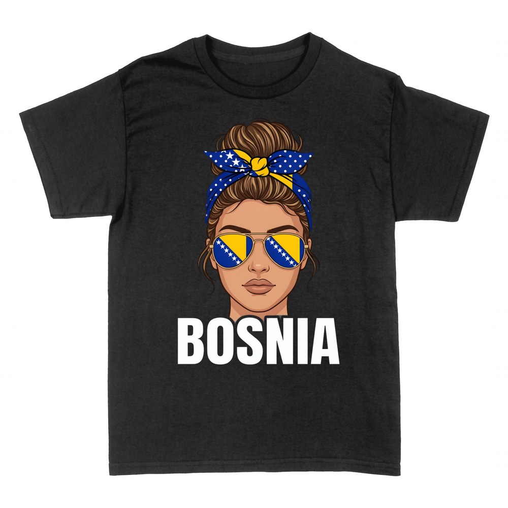 Camisetas: Bosnia mujer con bandana y gafas bandera
