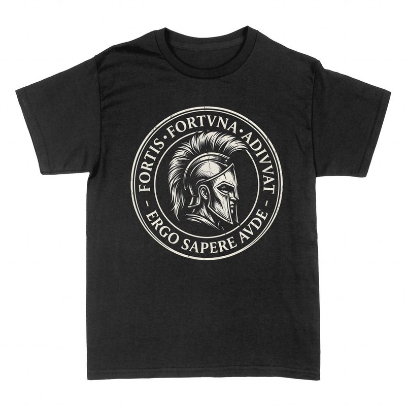 Camisetas: Casco espartano y lemas latinos Fortis Fortuna