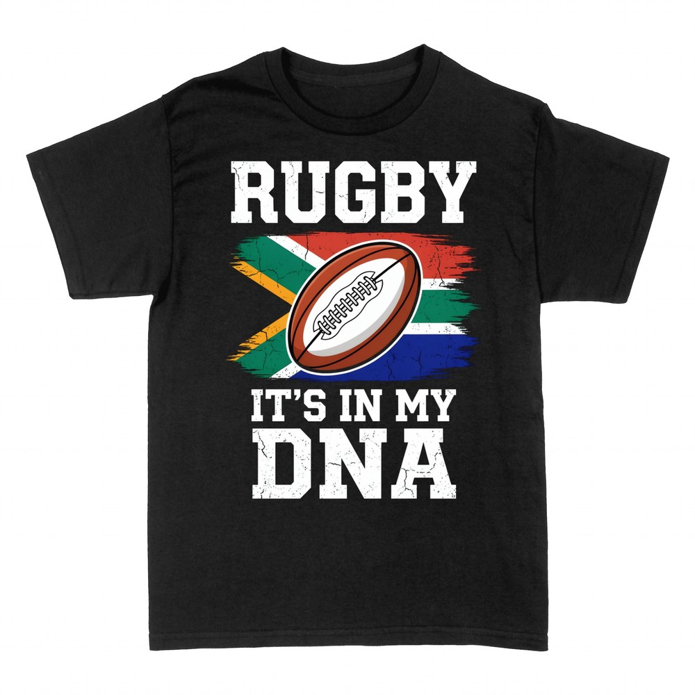 Camisetas: Rugby es mi ADN con bal&oacute;n y bandera de Sud&aacute;frica