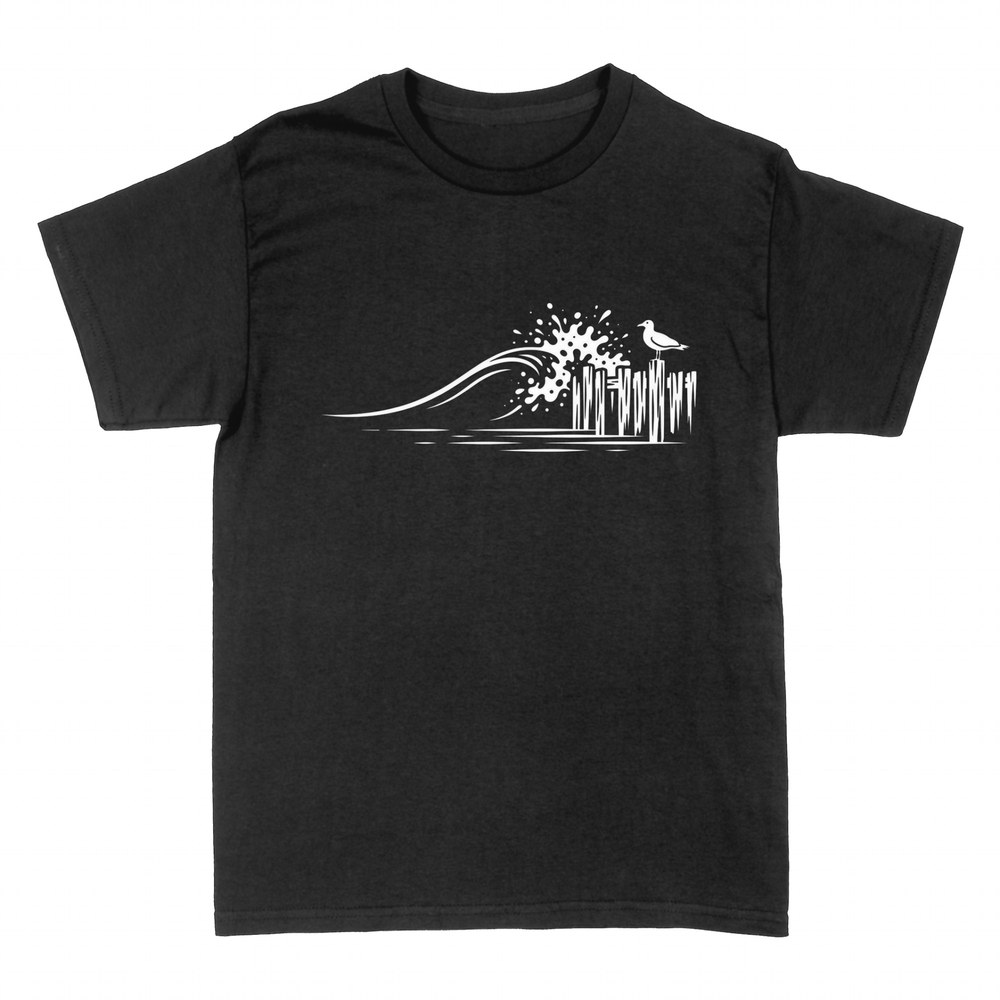 Camisetas: Ola y gaviota sobre postes de madera