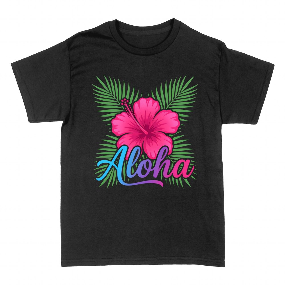Camisetas: Aloha con hibisco rosa y palmeras