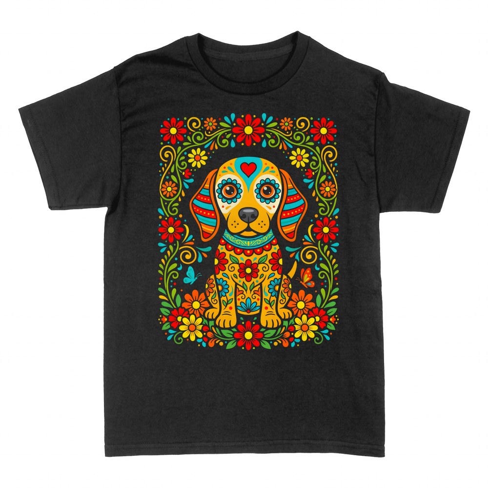Camisetas: Perro calavera mexicana con flores