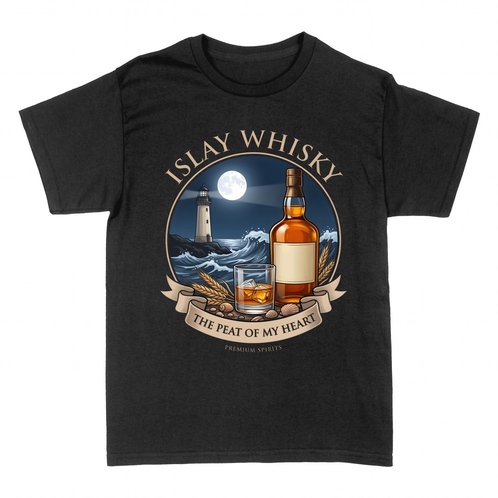 Camisetas: Whisky de Islay con faro y juego de palabras peat