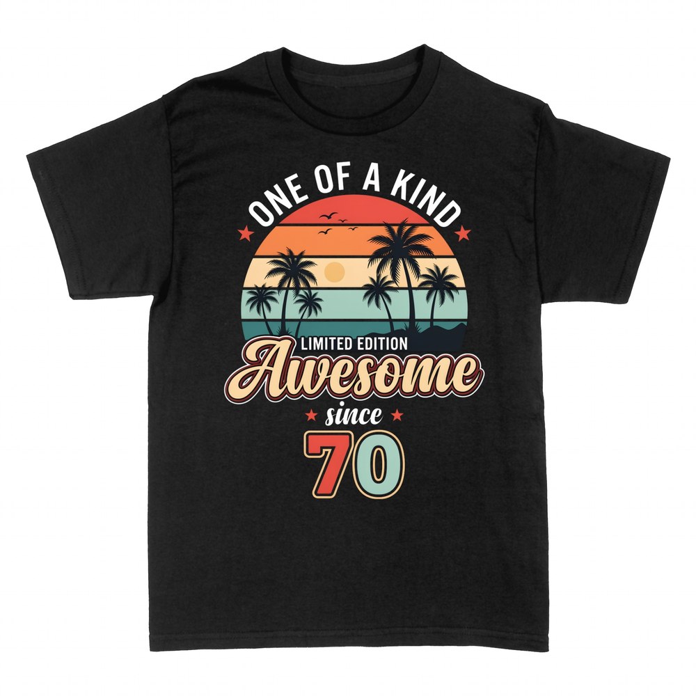Camisetas: Awesome since 70 atardecer retro con palmeras