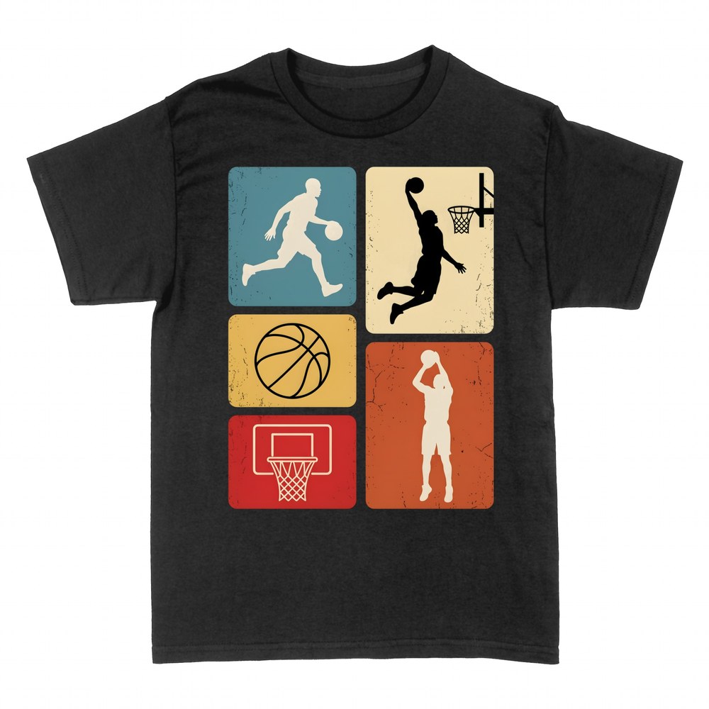 Camisetas: Collage retro de baloncesto con siluetas y canasta