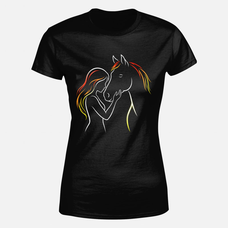 Camisetas: Mujer y caballo con crines de fuego